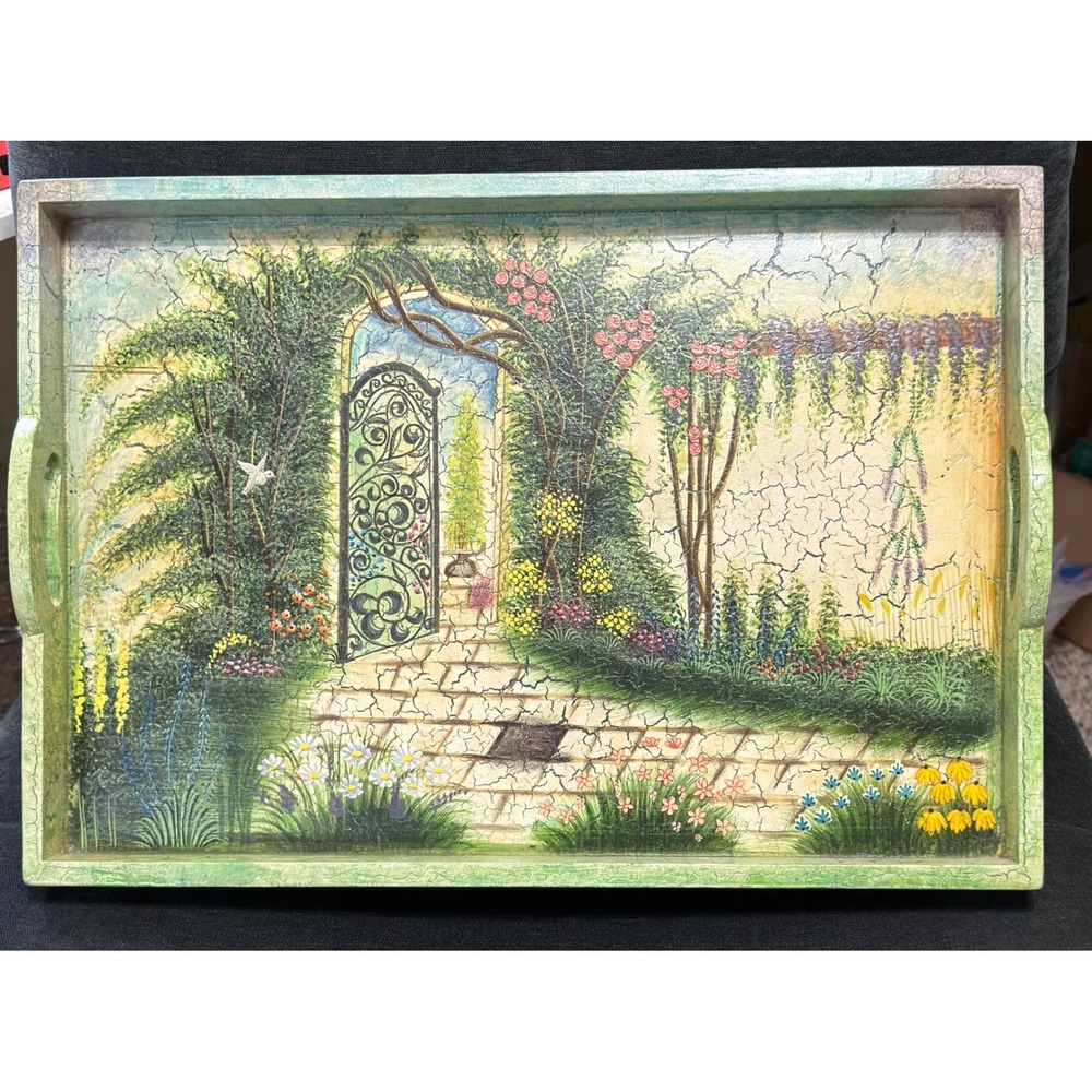 Vintage Hand Painted Wood Serving Tray Shabby Chic Garden Gate & Crackle finish
